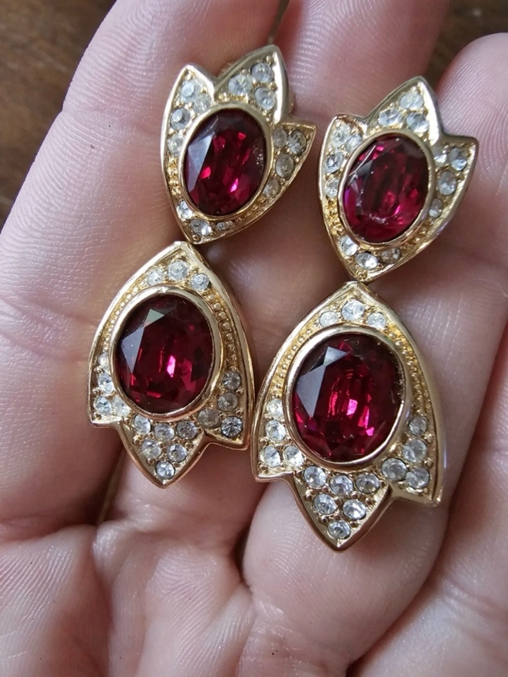 Vintage Christian Dior Tulip Flower Red Stone Drop Dangle Gold Clip-On Earrings
